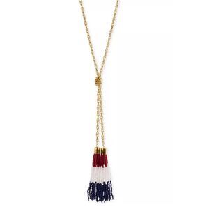 Charter Club Holiday Lane Gold Red White Blue Seed Bead Tassel Lariat Necklace